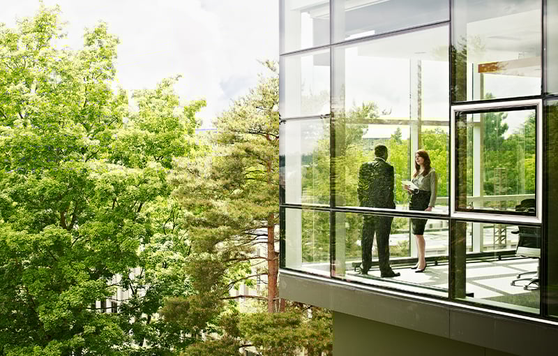Man and woman talking by office window overlooking trees