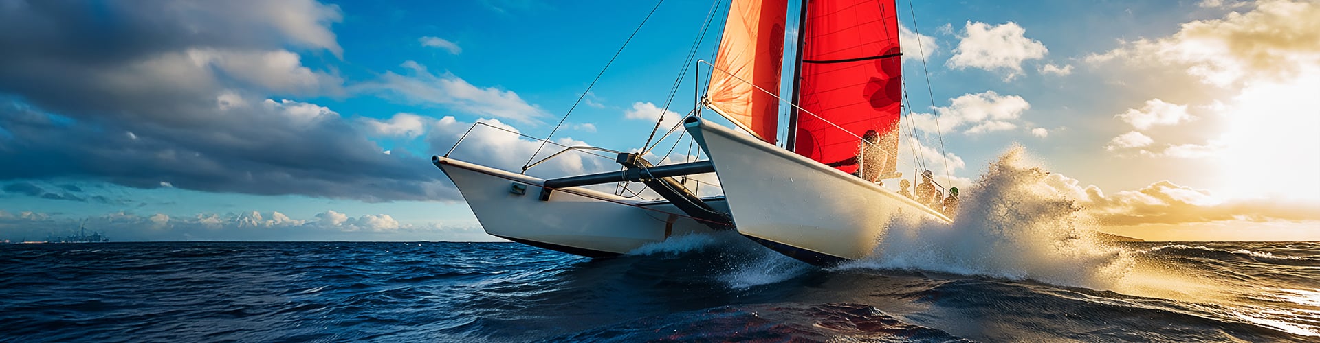 A sleek catamaran with bright red sails cutting through deep blue ocean waves under a vibrant sky with scattered clouds and golden sunlight.
